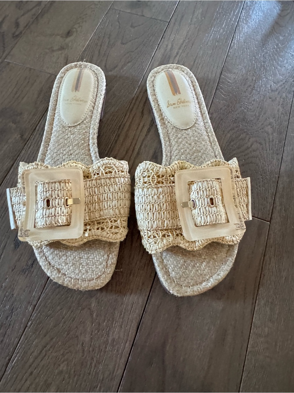 Sam Edelman Beige Raffia Slide Mules with Decorative Buckle